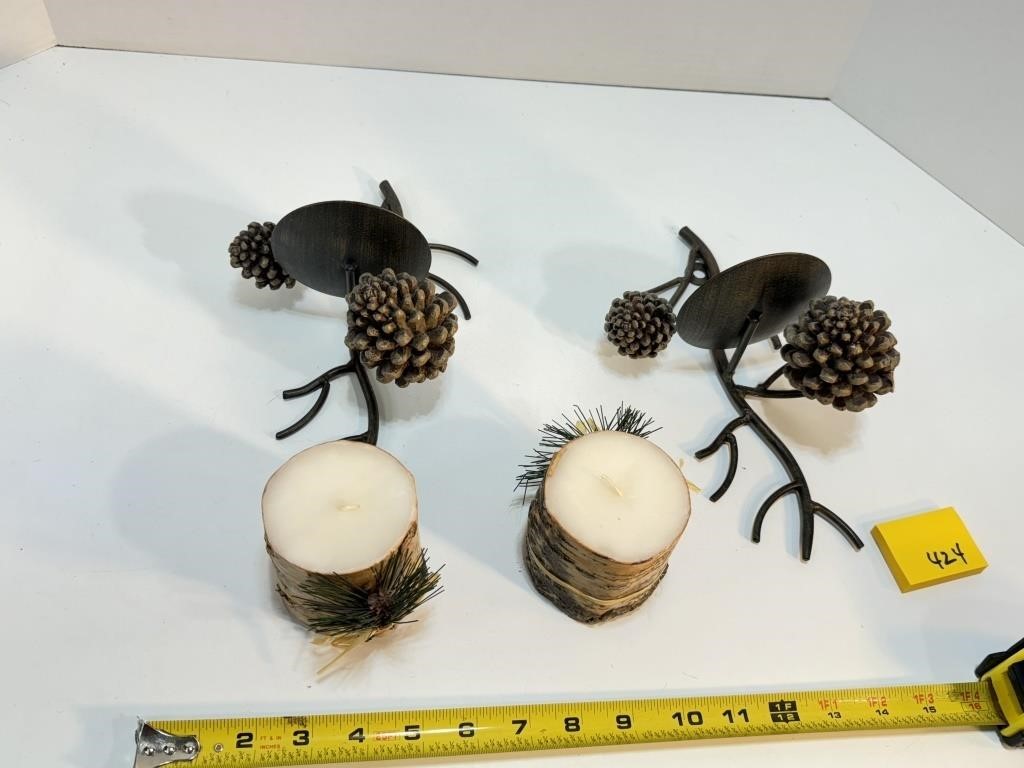 Pair of Pine Cone Wall Sconces with Candles