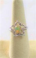 Genuine opal and diamond flower ring
