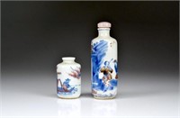 TWO RED, BLUE & WHITE PORCELAIN SNUFF BOTTLES
