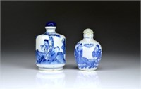 TWO CHINESE BLUE & WHITE PORCELAIN SNUFF BOTTLES