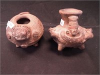 Two Mesoamerican pottery figural vessels, 3 1/2"