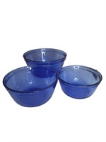 3 Anchor Ovenware Blue Glass Nesting Mixing Bowls