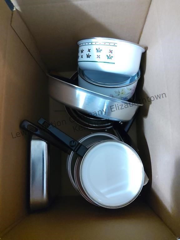 Box of miscellaneous pots pants mixing bowls Etc