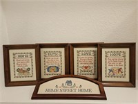 5- Framed Cross Stitch (4) 10½ X 12½" (1) 18 X