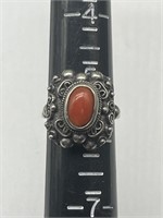 Antique Silver & Red Coral Ring