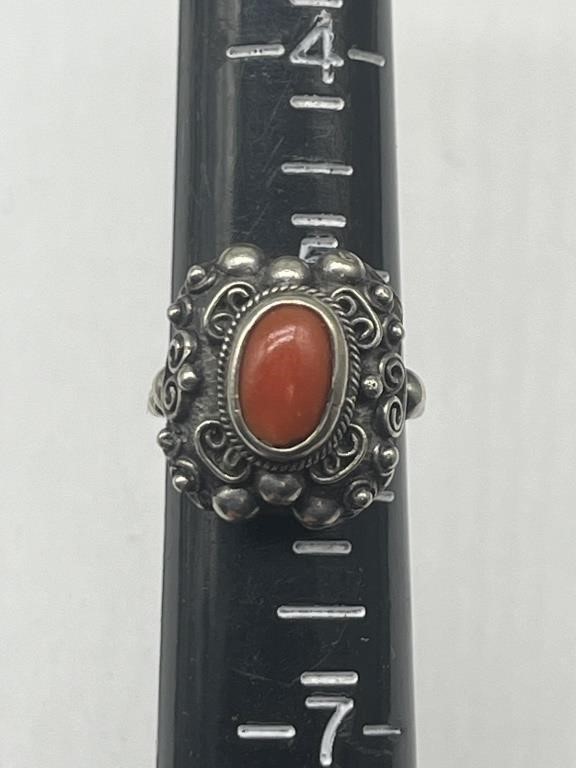 Antique Silver & Red Coral Ring