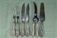6 Stieff Rose pattern utensils: 2 carving sets, sh