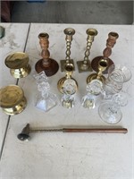 Brass, glass and gold tone candle holders