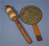 Oriental prayer wheel & copper mirror