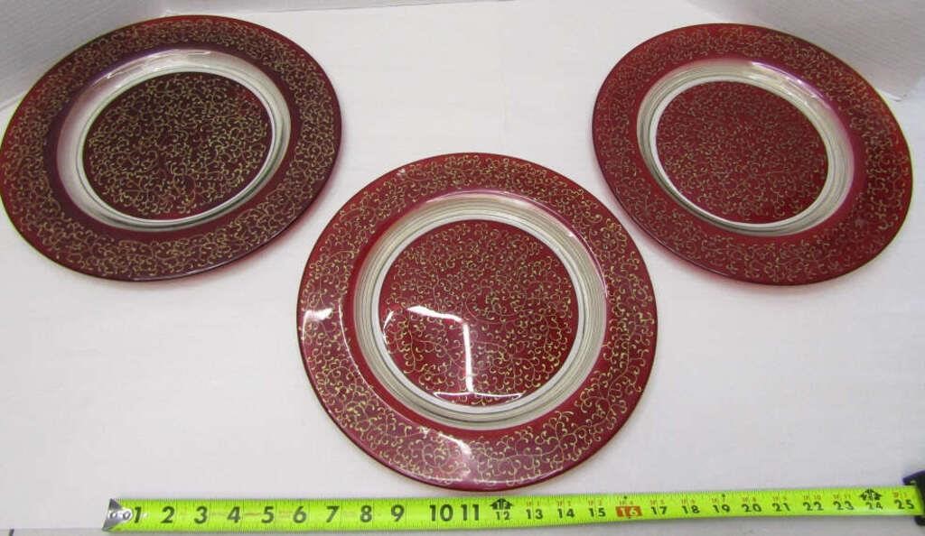 3 Large Red Gold Swirl Decorative Plates