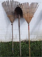 (3) Yard Tools - Pointed Shovel/(2) Wood Rakes