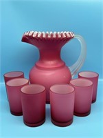Hand Blown Frosted Cranberry Pitcher & 6 Glasses