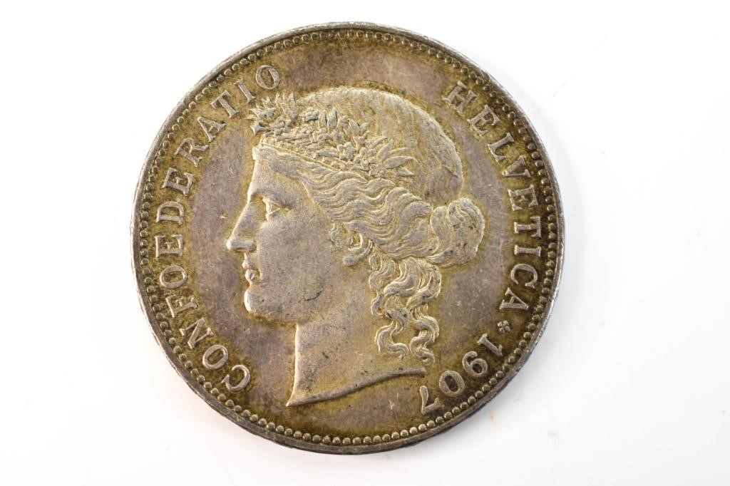 Switzerland 5 Franc Helvetia 1907 Silver Coin