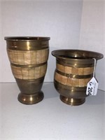 2 PC BRASS PLANTER AND VASE W/ BONE STYLE INLAID