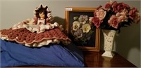 Wedge Pillow, Doll, Art & Vase of Flowers