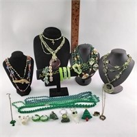 Green Costume Jewelry Lot: Necklaces, Earrings,