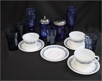 Corelle, Pyrex & Blue Cups / Stemware