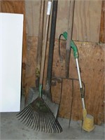 Long handles: 2 shovels, vintage pitchfork, rake,