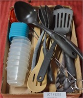 FLAT BOX OF UTENSILS & SMALL PLASTIC CONTAINERS