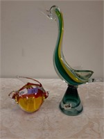 Art glass fish & duck, small damage to each