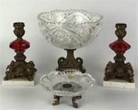 Crystal Compote, Footed Dish & Brass Candleholders