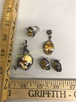 Sterling & amber pendant, brooch, ring, and earrin