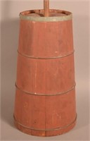 Antique Red Painted Wood Stave Butter Churn.