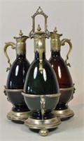 SILVER PLATED & COLORED GLASS DECANTER SET
