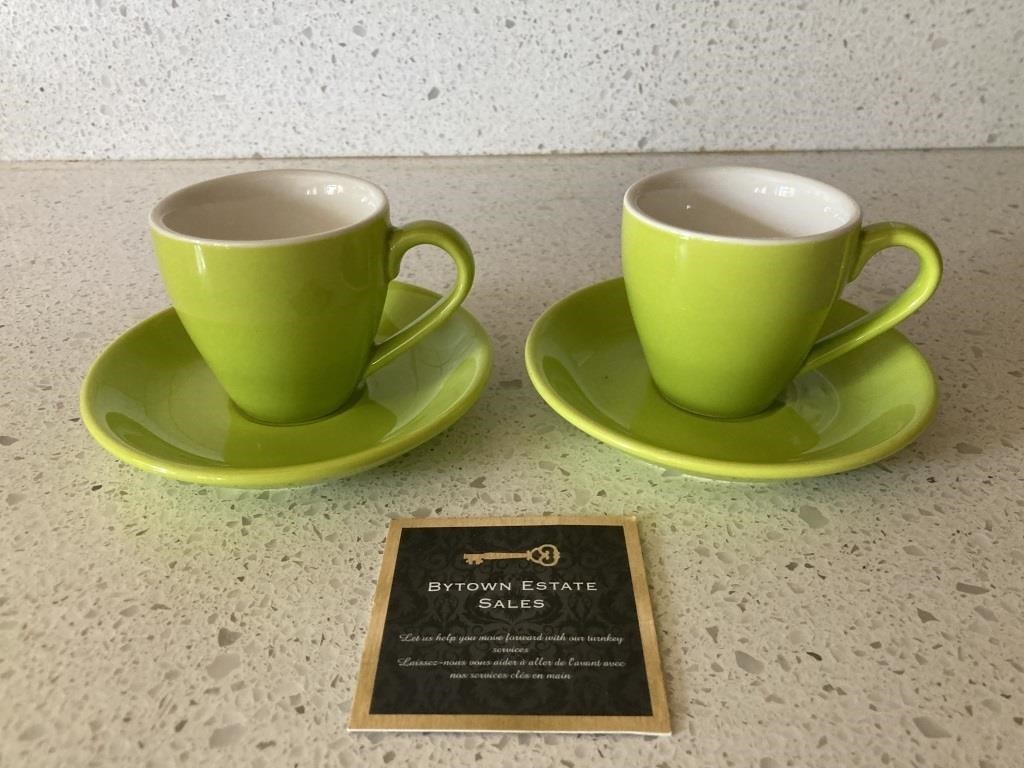 Set of 2 Lime Green Demitasse Cups & Saucers