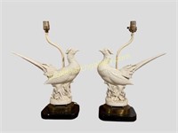 Pair White Porcelain Pheasant Lamps