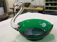 Swan Clear &  Green Glass dish