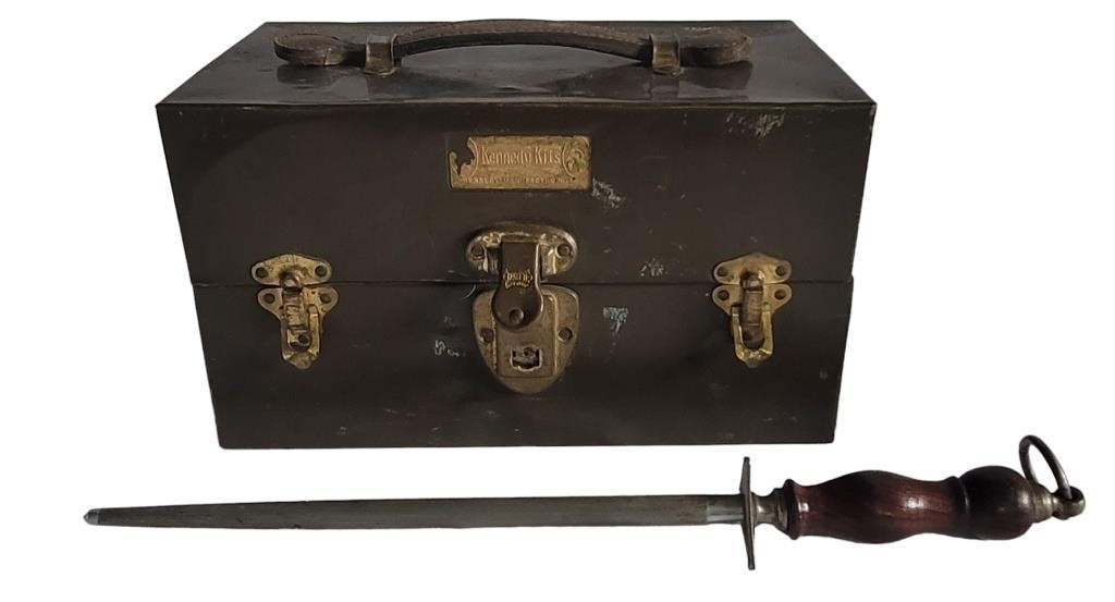 METAL TOOL BOX WITH CONTENTS AND SHARPENING STEEL