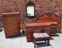 6pc Bedroom Set; full size mahg. bed w/ flame