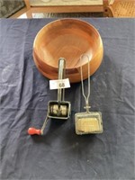 Wood bowl, grater, wire soap holder