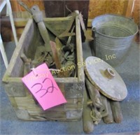 Vintage wood box w/ tools, window weights, pail,