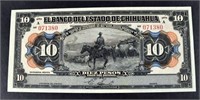 1913 $10 Pesos El Banco Del Estado De Chihuahua