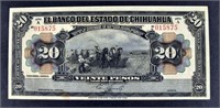 1913 $20 Pesos El Banco Del Estado De Chihuahua