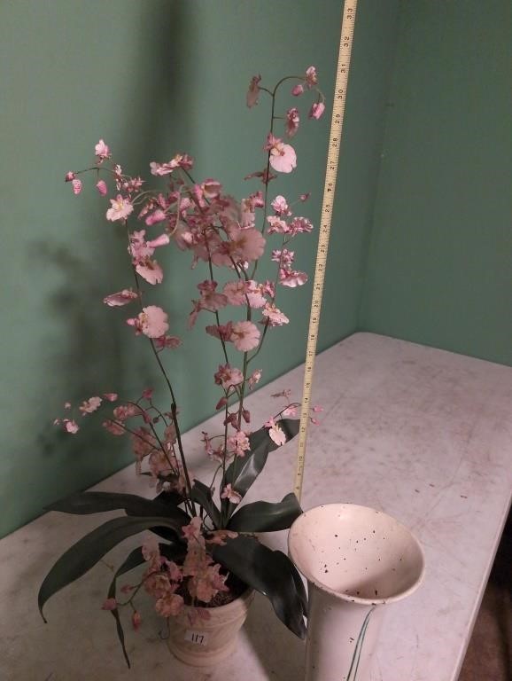 Artificial orchid and Richardson Co wood vase