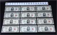 (12) 1953 Red Seal Federal Reserve $5.00 Notes