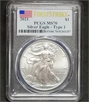 2021 1oz Silver Eagle Type 1 PCGS MS70 First