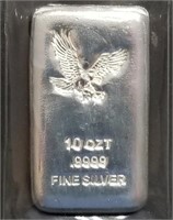 10 Troy Oz .999 Fine Silver Poured Bar w/Eagle
