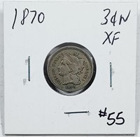 1870  Three Cent Nickel   XF