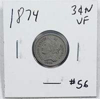 1874  Three Cent  Nickel   VF