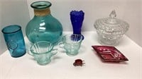 Glasswares Vases, Candy Dish an Toy Wheel Barrel