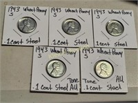 5 Wheat Cents Pennies 1943S AU-BU