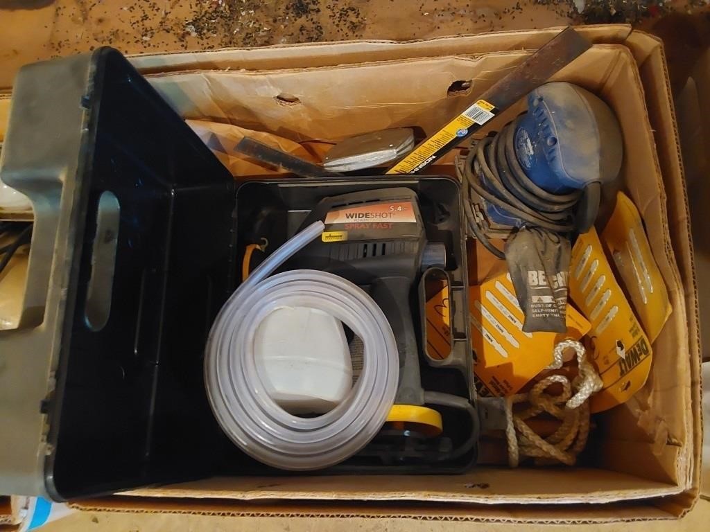 box with sander, paint sprayer and miscellaneous