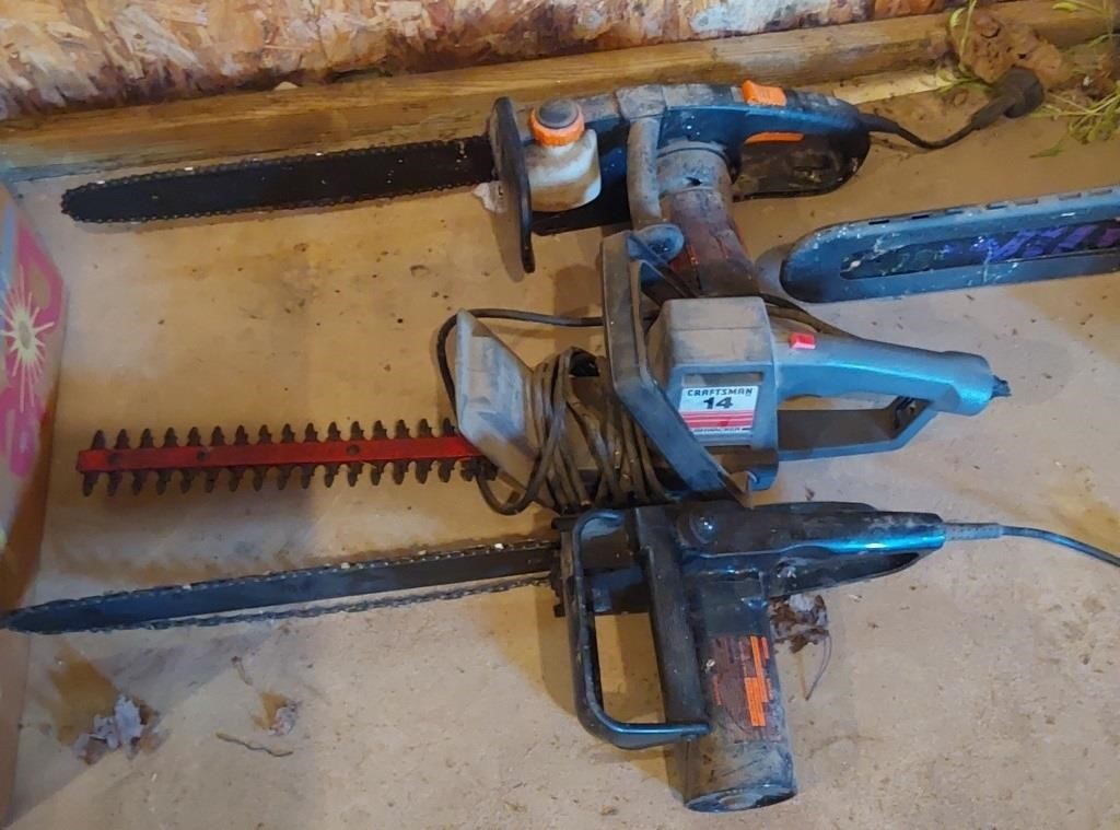 (2) electric chainsaws and hedge trimmer
