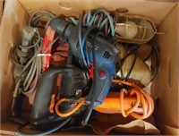 box of power tools, trouble light and misc