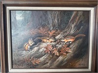 Signed Sam Roberts chipmunk oil painting