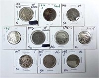 (10) Buffalo Nickels 1913-1917 Diff. Mints